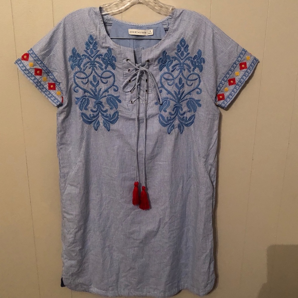 Paper Crane Striped Embroidered Dress w/ Tassels